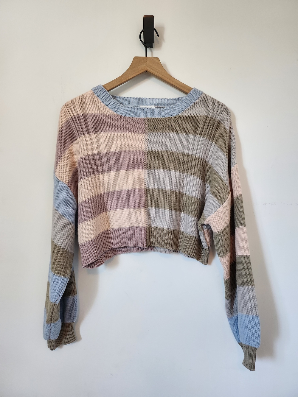 Le Lis Striped Pastel Crop Crewneck Sweater - Pink, Blue, Cream, Taupe